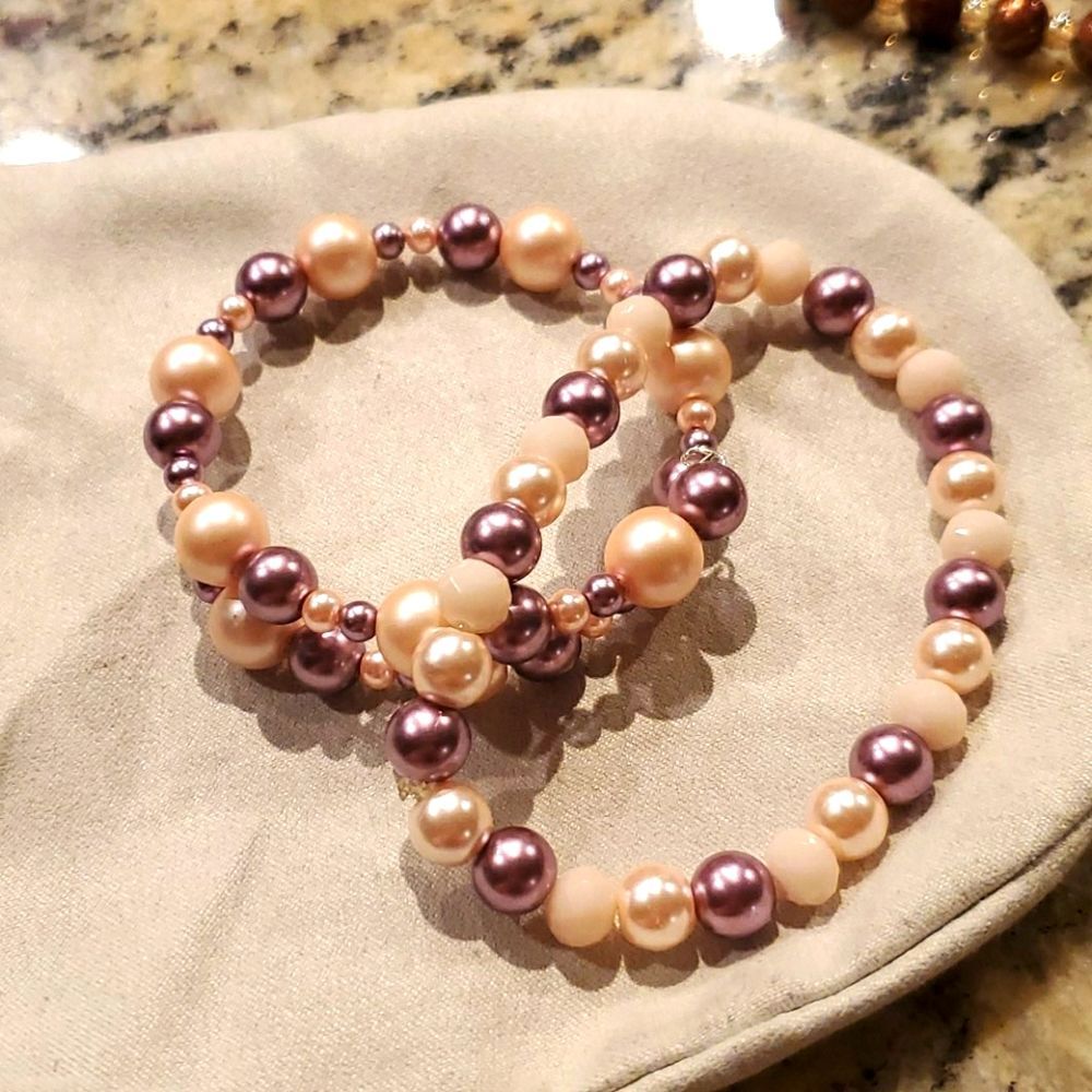 Handmade Bead Bracelet Set 2Pc Pale Purple Pale Pink Stretch & Wire Cuff